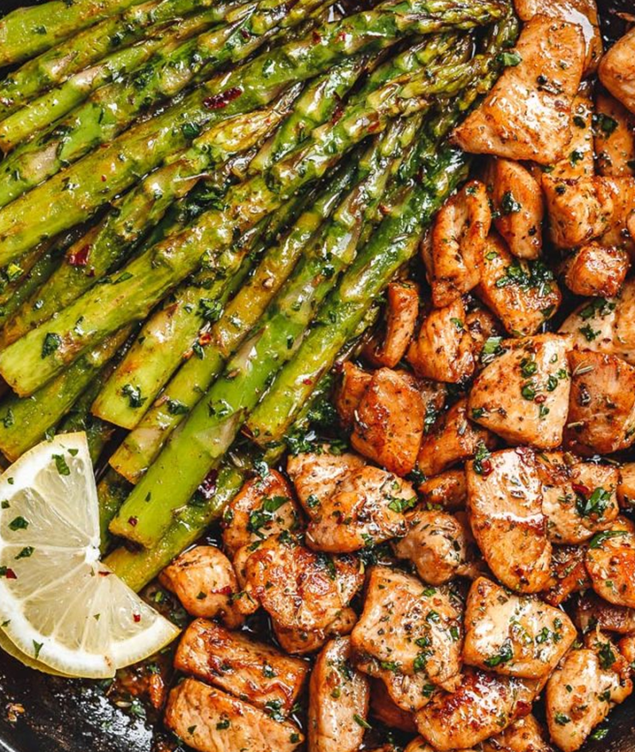 Garlic Butter Chicken Bites with Lemon Asparagus